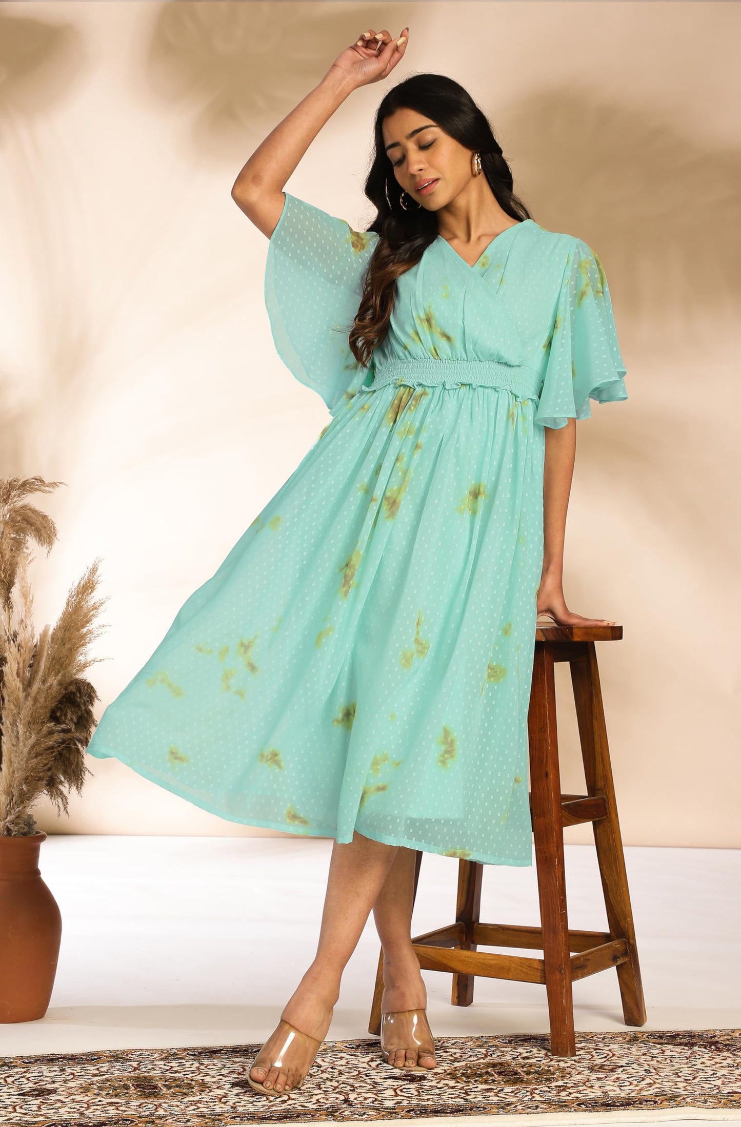 Janasya Women's Sea Green Dobby Georgette Tie-Dye Fit & Flare Dress(JNE4389-DR-M)