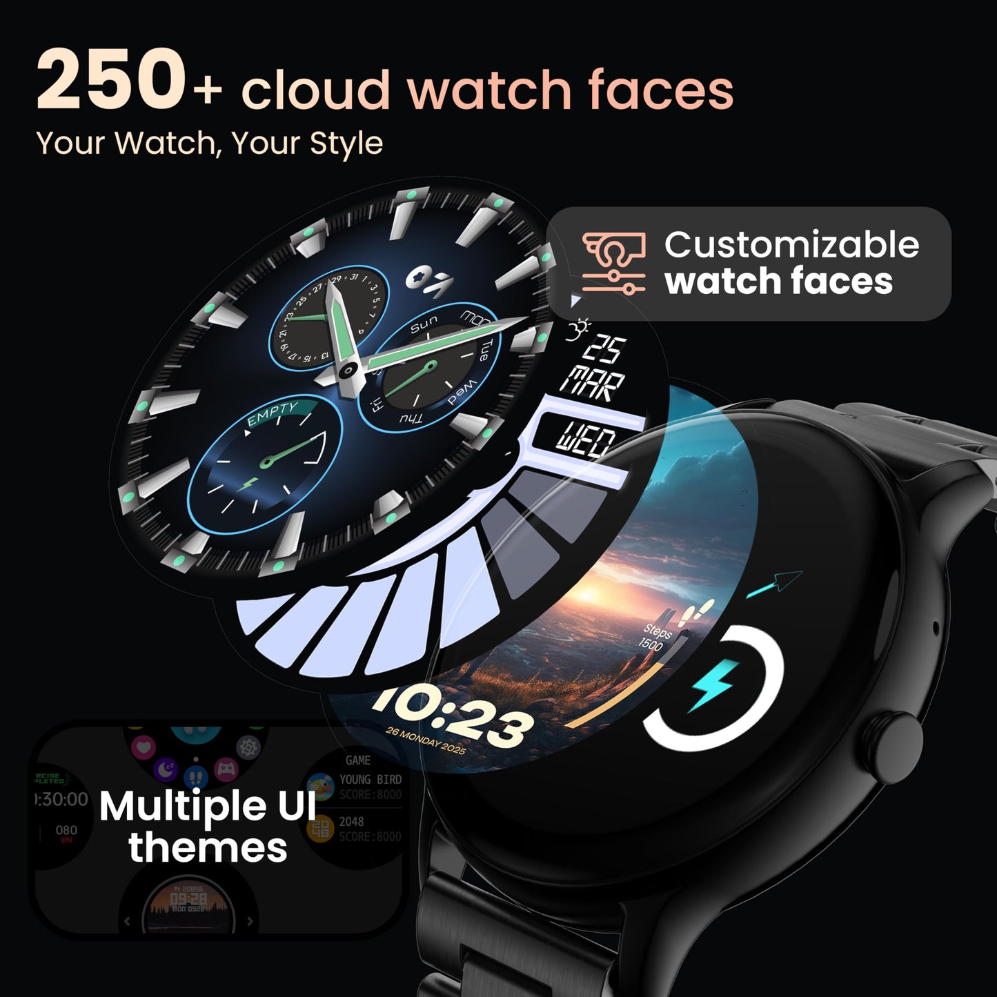 GOBOULT Dire Smartwatch: 1.38'' 2.5D Curved HD Display, BT Calling, 500 Nits Brightness, IP67, 250+ Watchfaces, 120+ Sports Modes, AI Voice Assistant, SpO2 Monitoring (Jet Black)