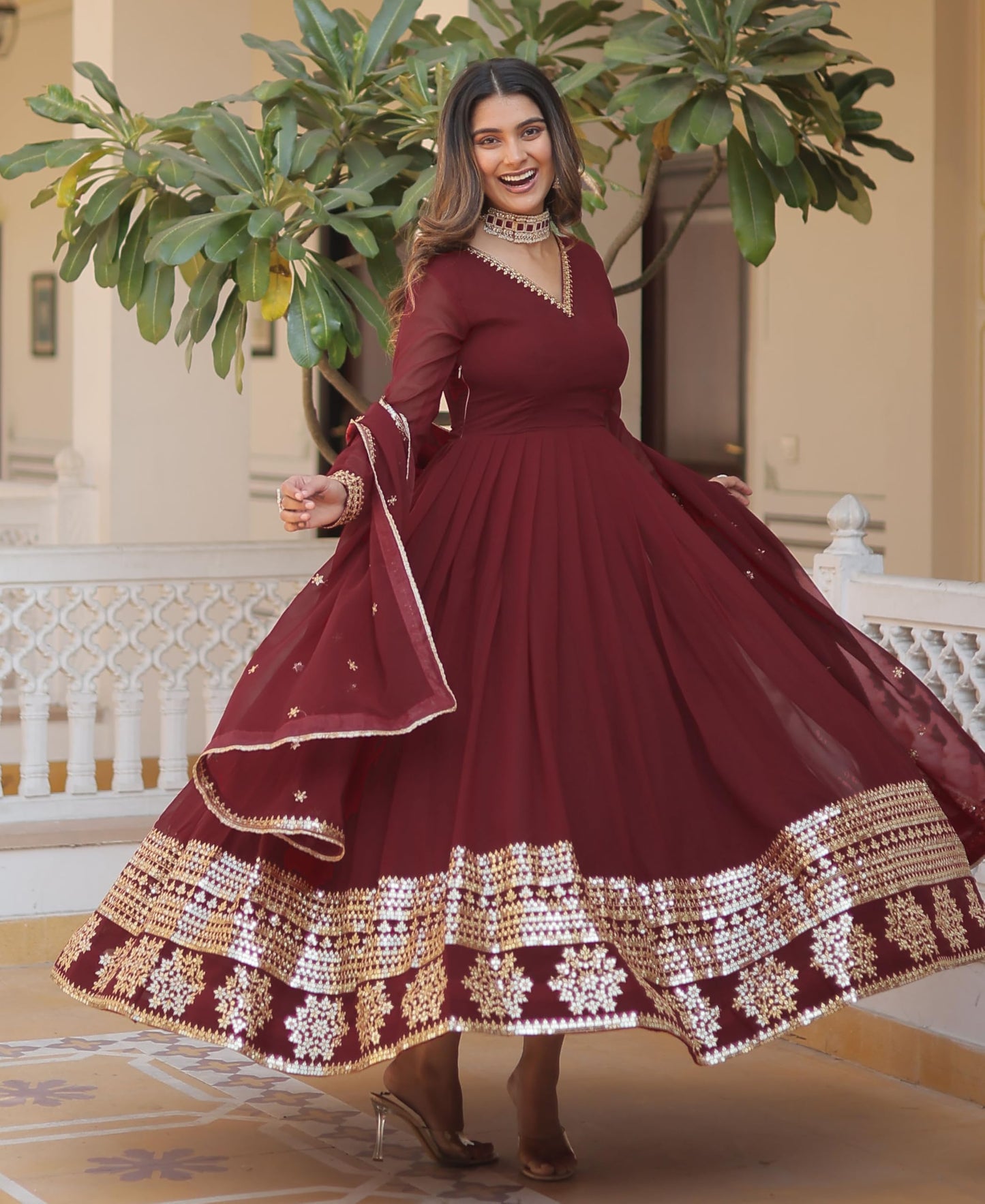 Fashion Basket Havy Georgette Embroidered Anarkali Dress for Women Maroon