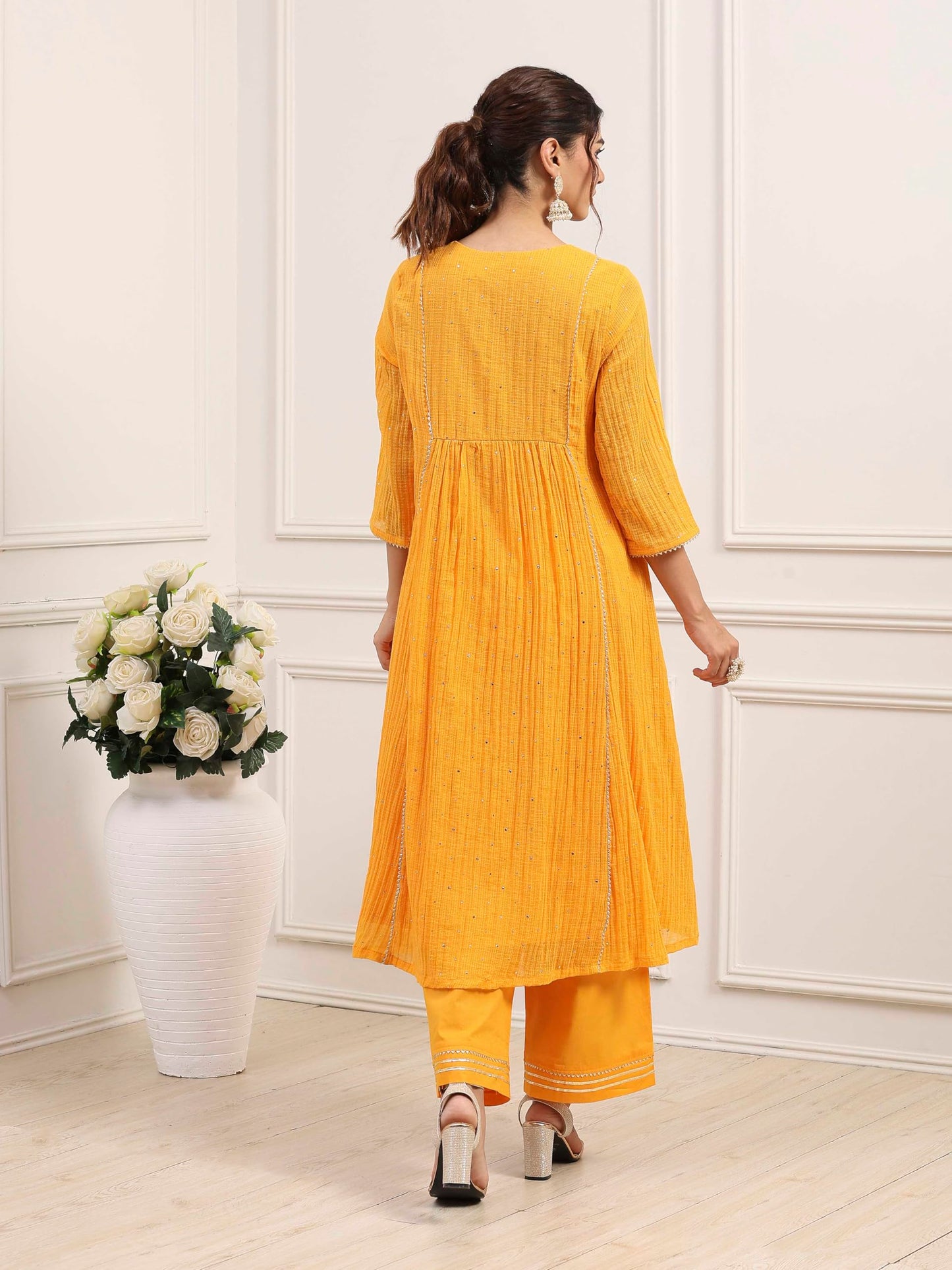 Biba Women Yellow Cotton Anarkali Suit Set_32
