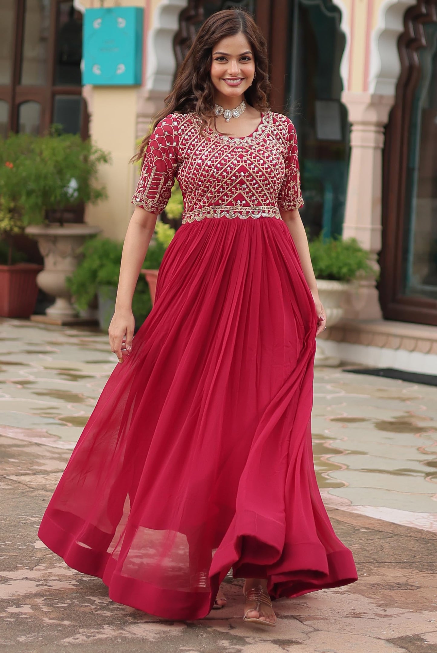 Fashion Basket Georgette Embroidered Anarkali Gown for Women Pink