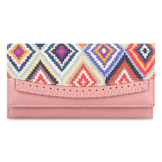 THE CLOWNFISH Ladyluxe Collection Printed Handicraft Fabric & Faux Leather Womens Wallet Clutch Ladies Purse with Multiple Card Slots (Multicolour-Diamond Design)