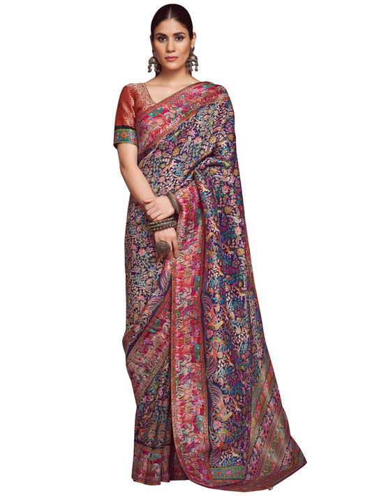 AKHILAM Women's Navy Blue Viscose Silk Ethnic Motif Printed Saree With Unstitched Blouse Piece (MSTANI78B_HS)