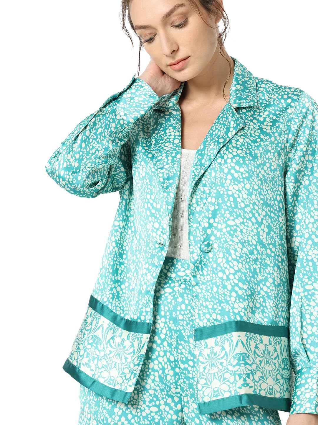 VERO MODA Women Abstract Print Blue Relaxed Fit Single Breasted Blazer