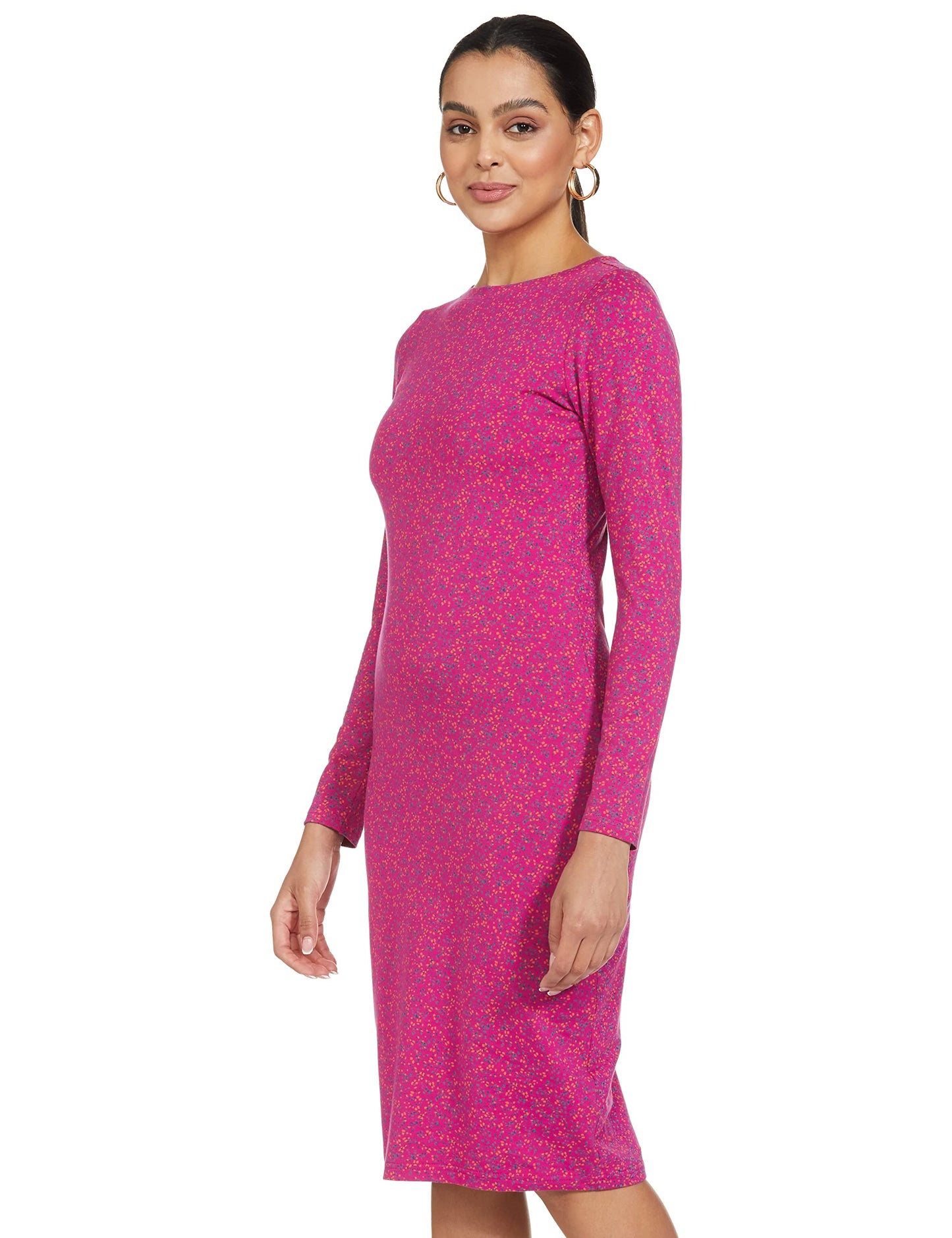 Amazon Brand - Symbol Women's Cotton Blend Bodycon Midi Casual Dress (SYM-AW22WDR-701_Magenta_L)