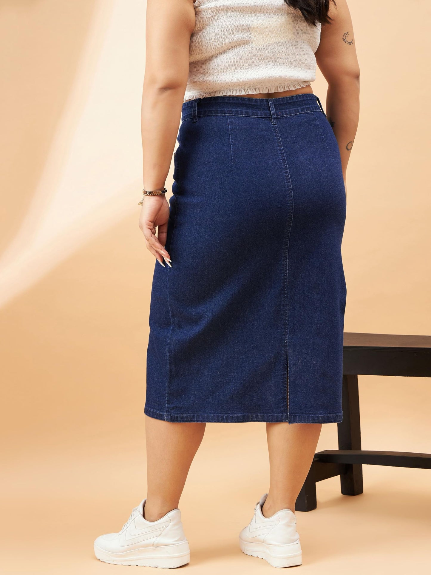Navy Denim Acid Wash A-Line Skirt
