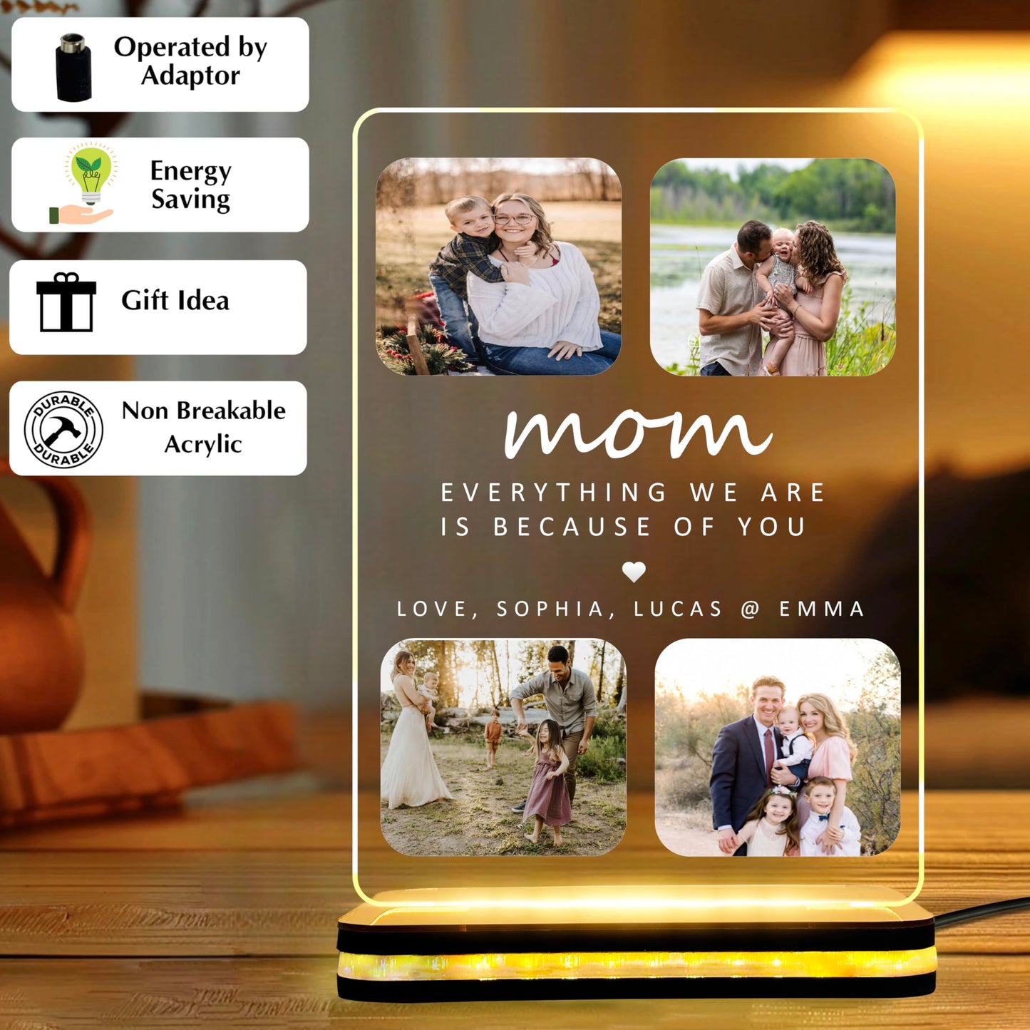 DECOCRU Personalized Gift for Mom, Mother | Customised Gifts for Mom | Night LED Lamp, Table Lamp | Acrylic LED Lamp with Name | Gift for Birthday, Mother's Day, Acrylic Plaque