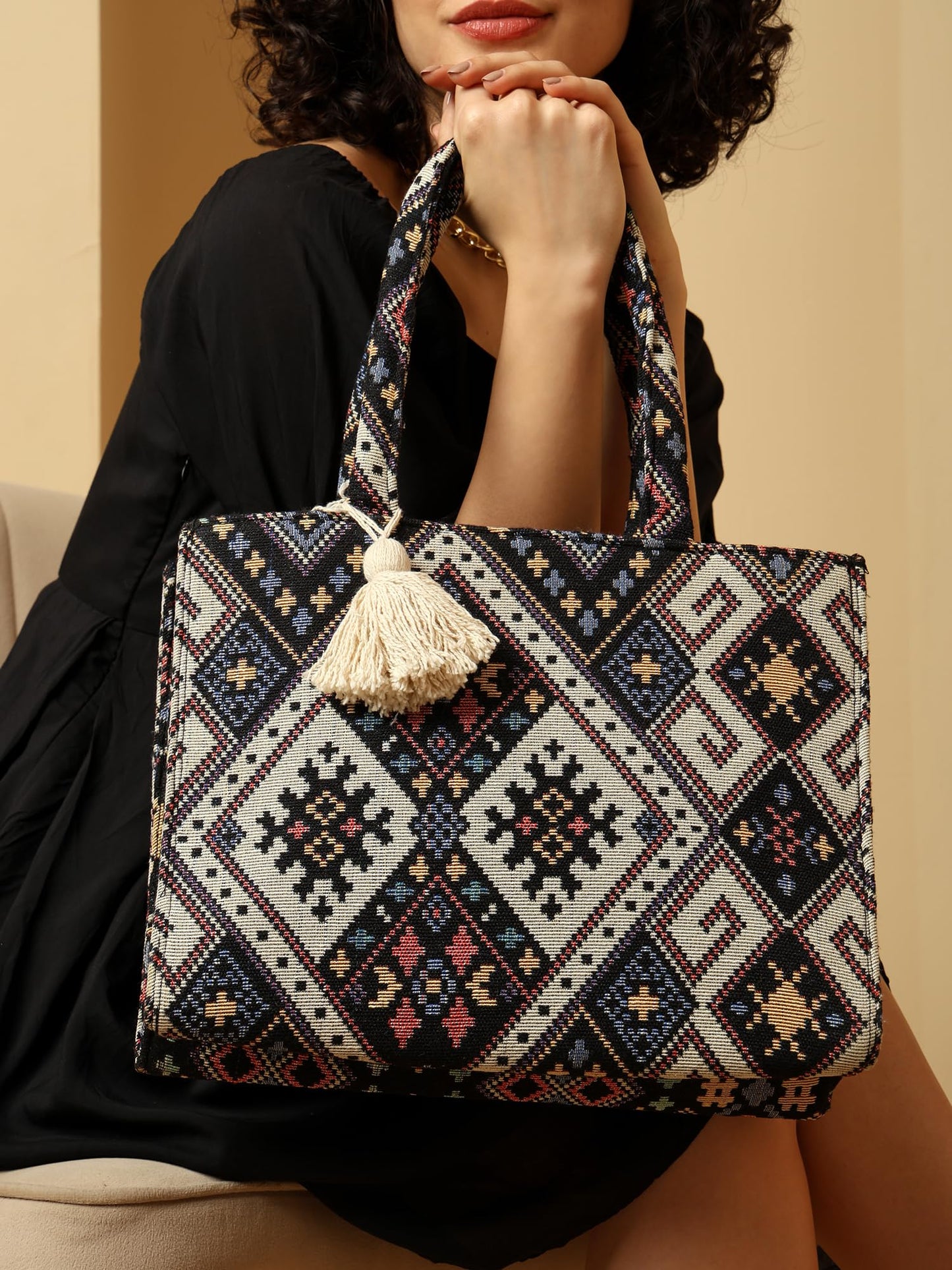 ENSAC Tote Bag for Women – Ethnic Embroidered Shoulder Bag with Tassel | Stylish Large Handbag for Office, College & Casual Outings