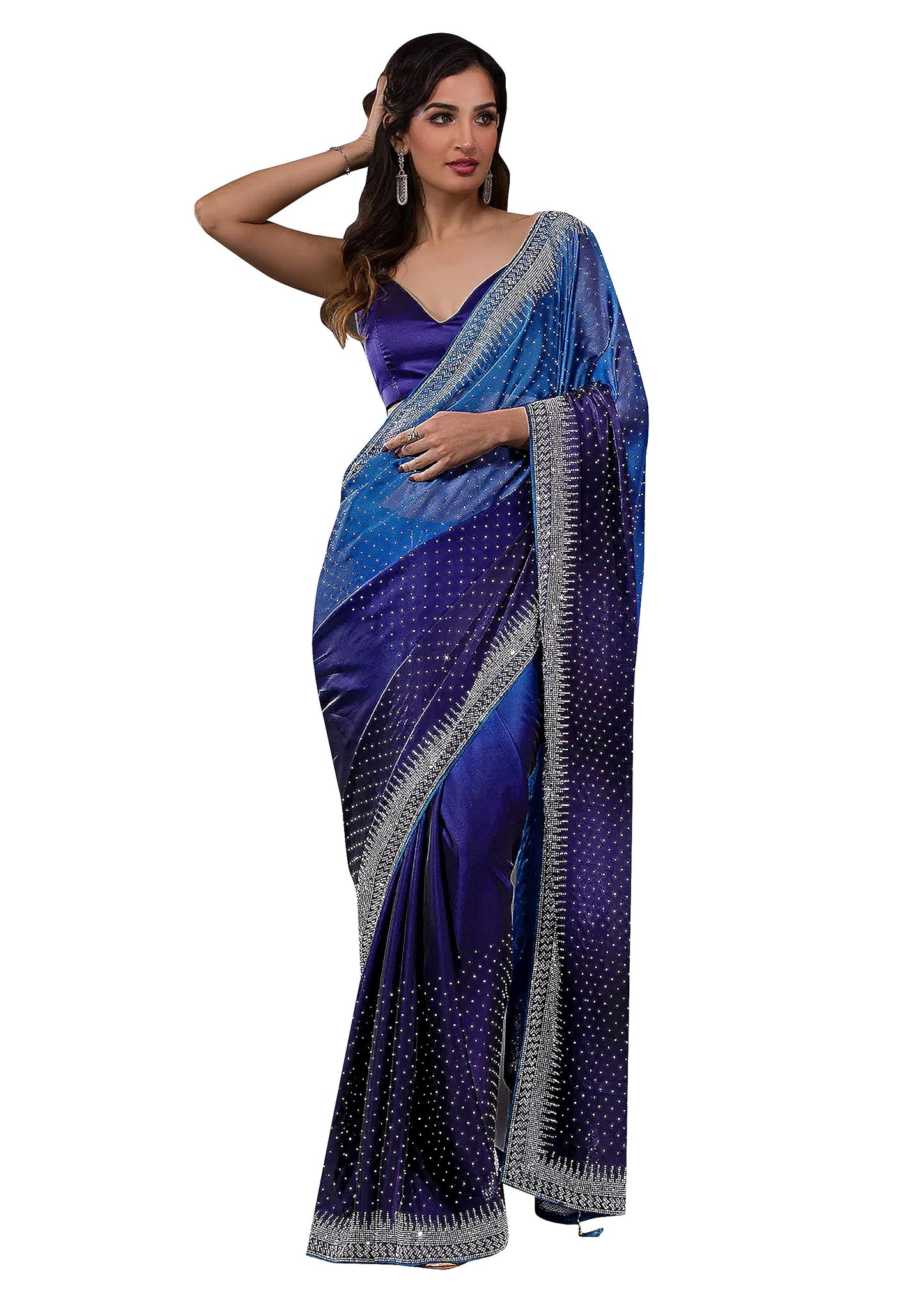 TRENDMALLS Women's Rangoli Silk Siroski Dual Shade Saree with Unstitch Blouse Piece (K1041-Blue)