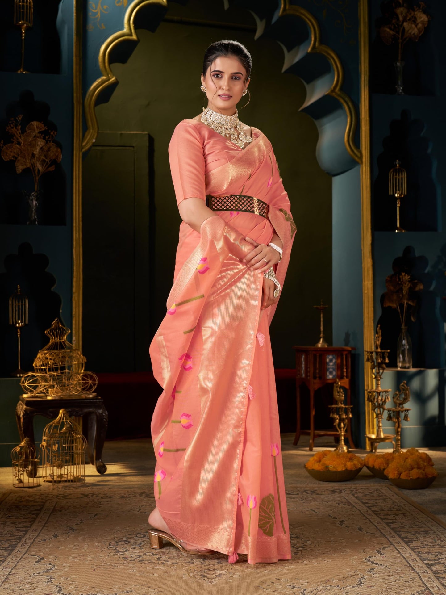 SWORNOF Women's Cotton silk saree for Patola festival Wedding silk with blouse piece (ORANGE1)