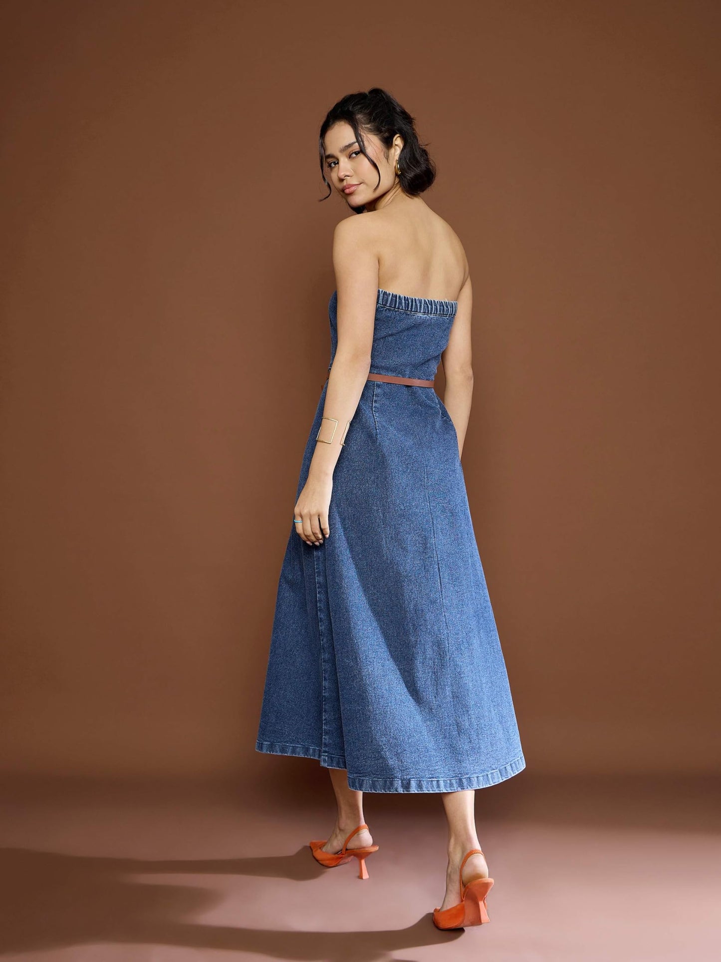 SASSAFRAS Women's Denim Tube Dress Below Knee SFDRSS12677