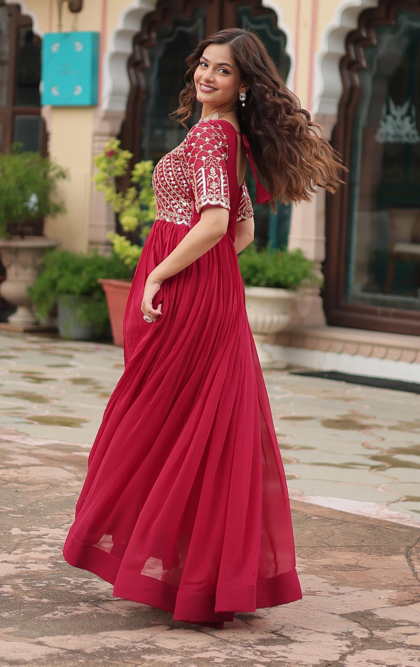 Fashion Basket Georgette Embroidered Anarkali Gown for Women Pink