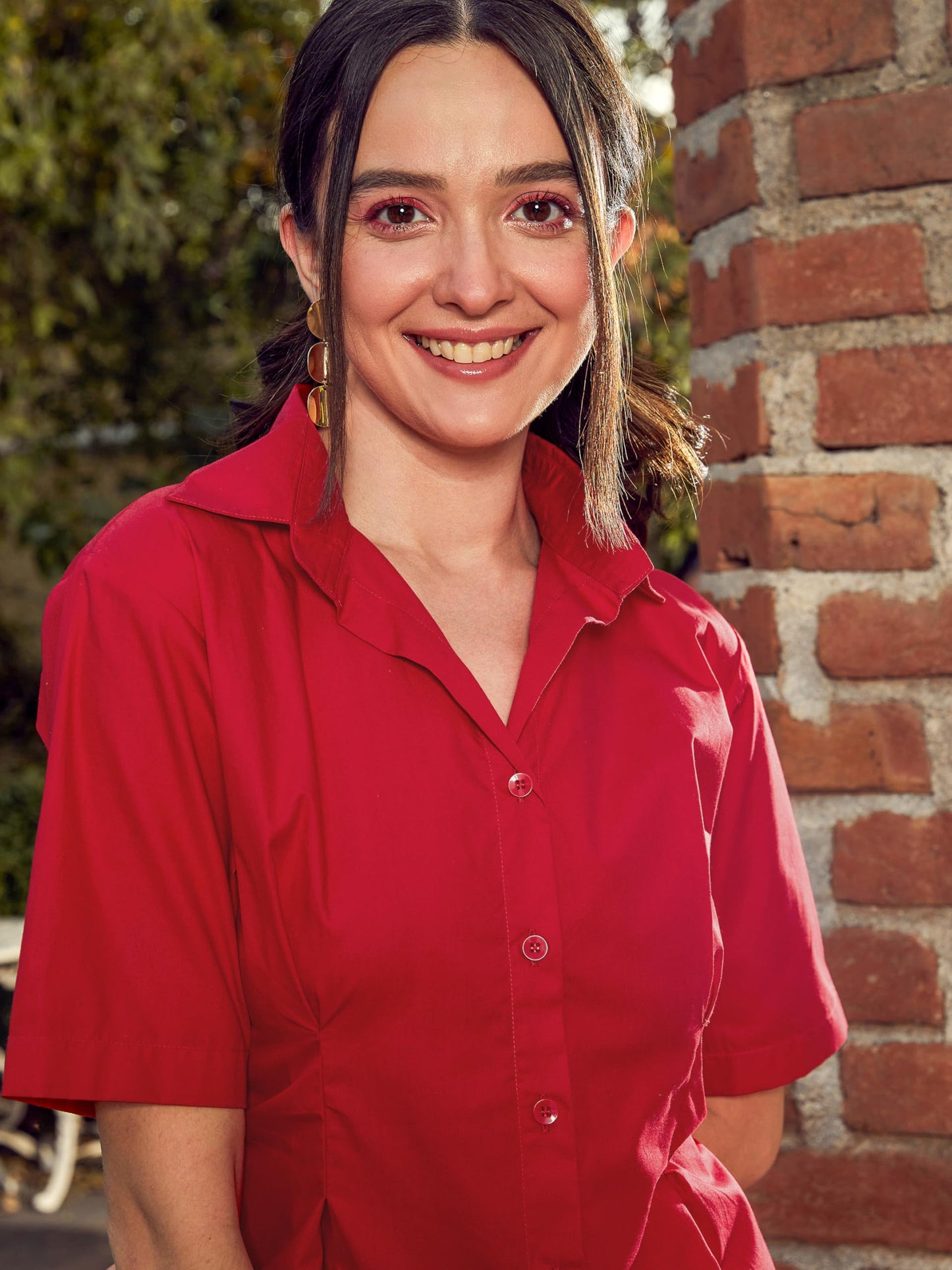 SASSAFRAS Women's Poplin Shirt Dress Above The Knee SFDRSS-V002_Red