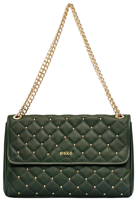 eske Melba, the Shoulder Bag | Quilted Cosmos Leather with Gold Chain Strap | Adjustable Shoulder Carry | 1 Main Compartment | Zip Pocket | 2 Slip Pockets | Hand-Studded Premium Purse (Bottle Green)