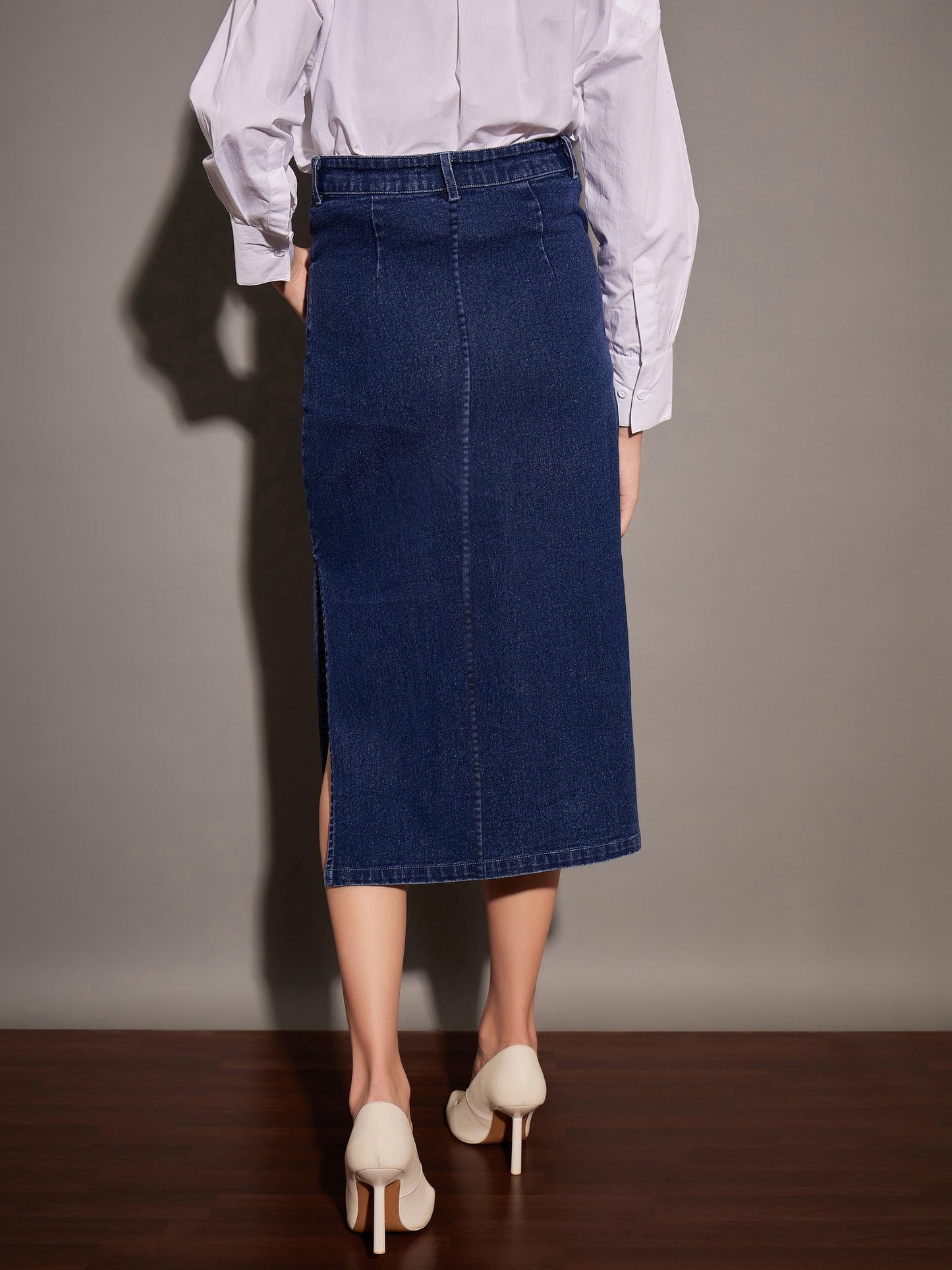 Navy Denim Side Slit Midi Skirt