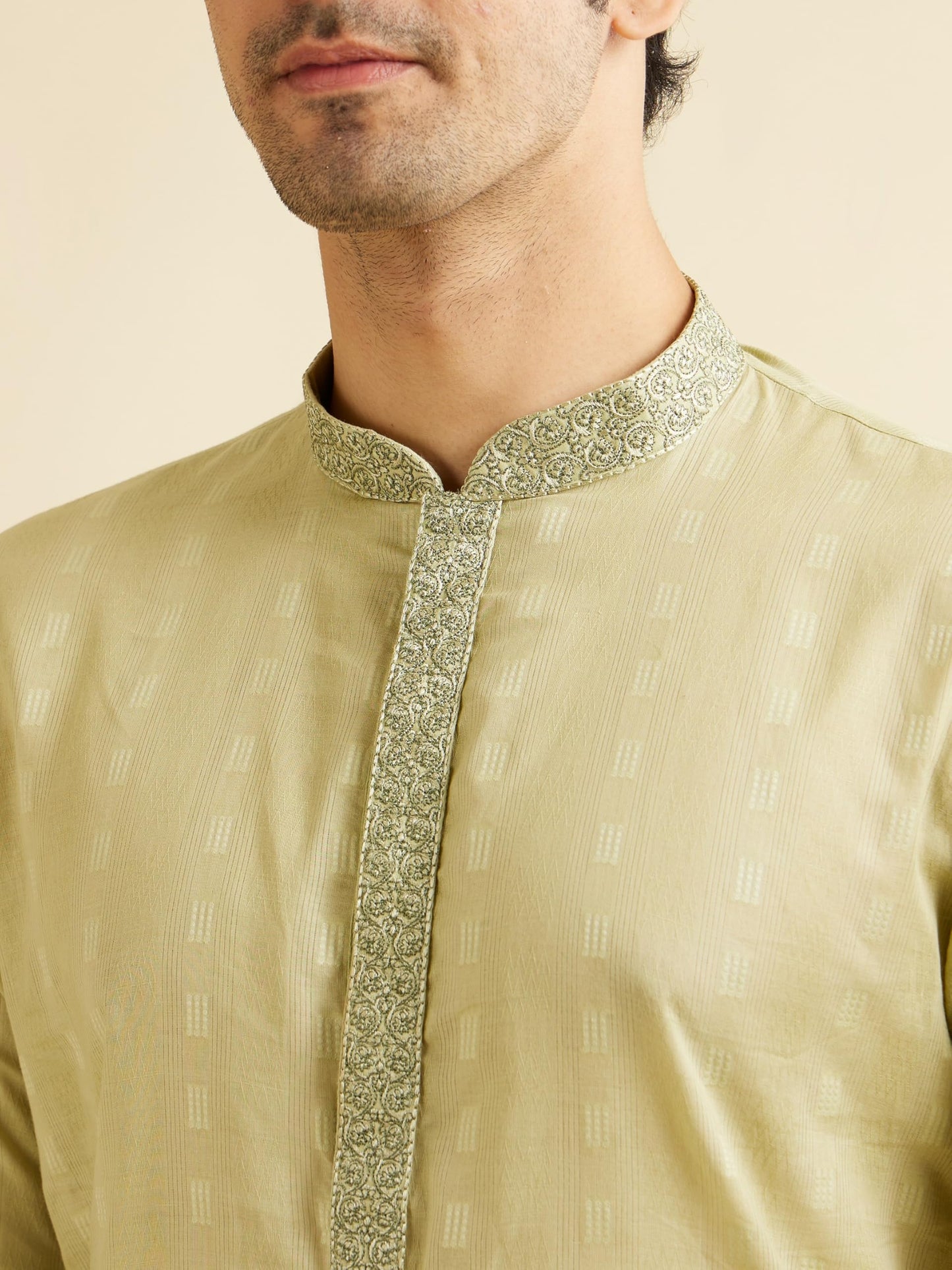Manyavar Men's Cotton Self-Textured Kurta Set (Light Mid Green,XXXL)