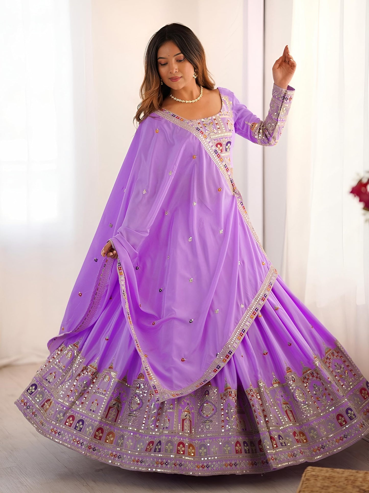 Zeel Clothing Women's Sequins Thread Embroidered French Crepe Lehenga Choli With Dupatta (5118-Lavender-Women-Lehenga-Choli-Latest; Free size) (Lavender)