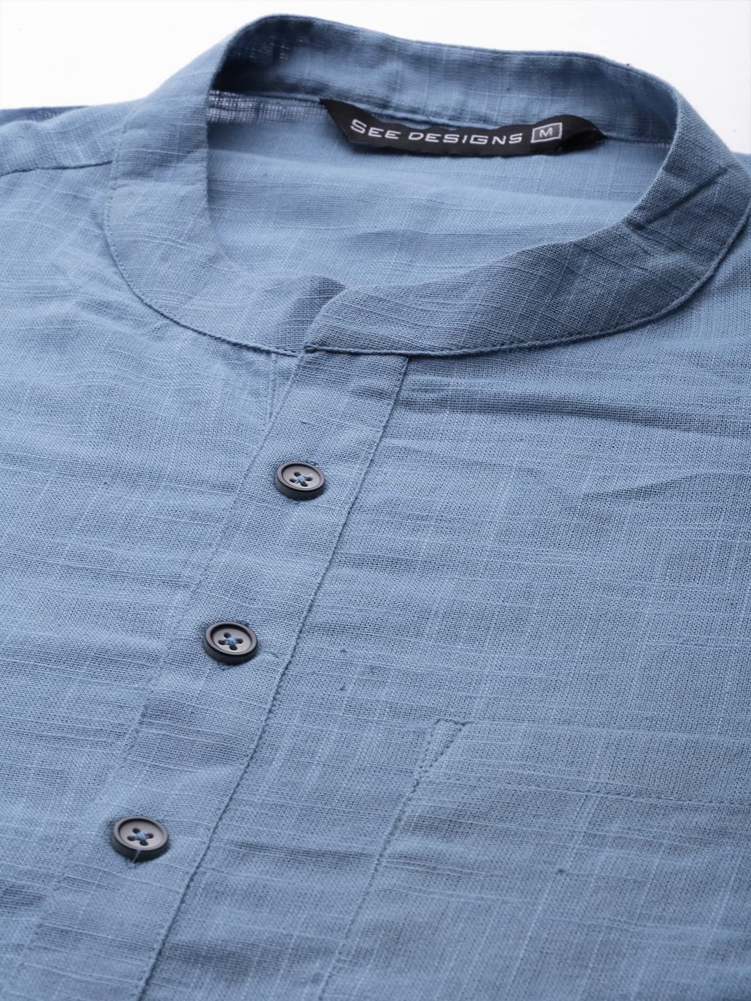See Designs Mens - Specially Crafted And Designed for the Eid Festival Men Blue Cotton Printed Straight Slub Effect Kurta Set With Pyjama - Sdkt102101L (Large) - SDKT102101L
