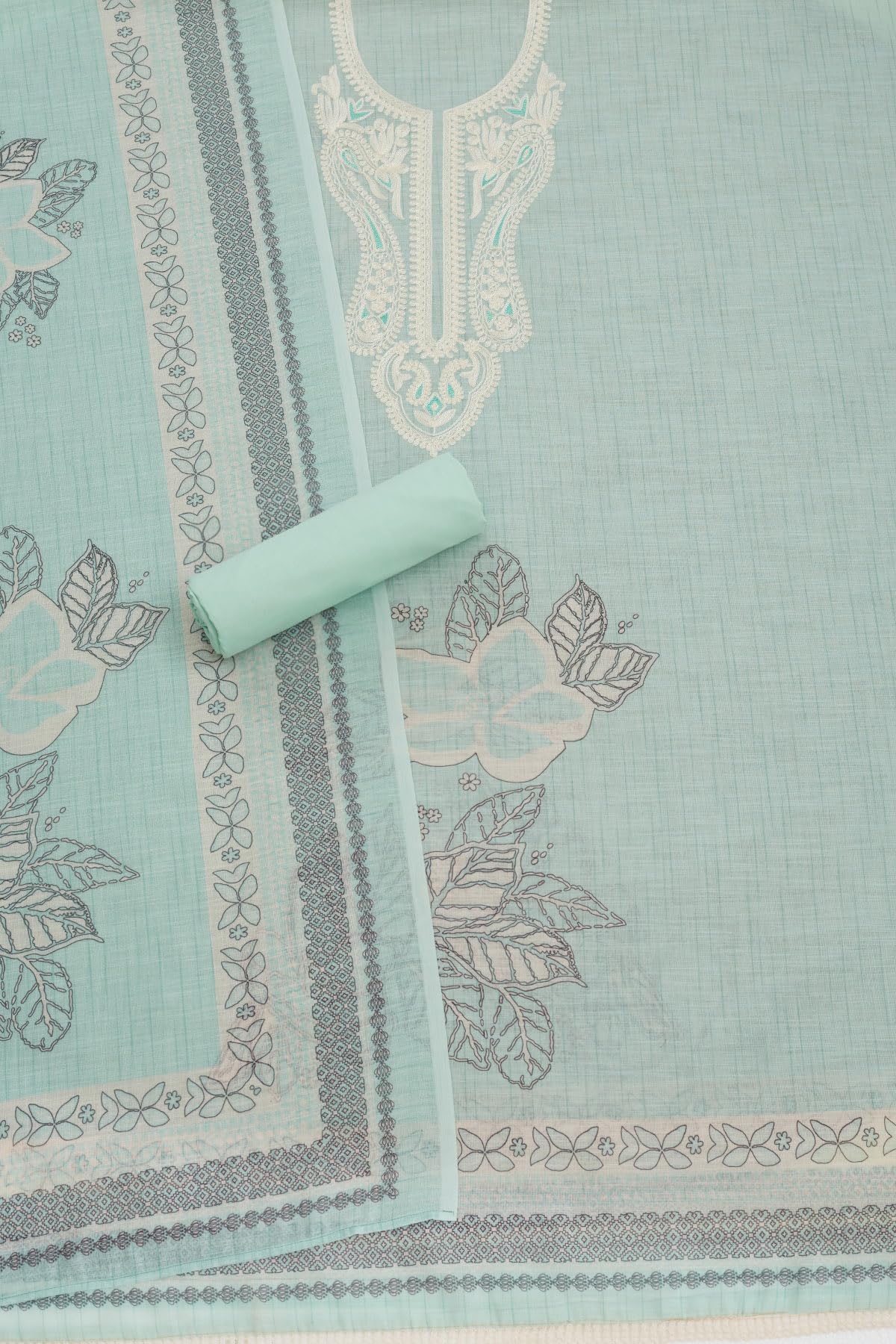 Soch Womens Turquoise Blue Linen Foil Print Unstitch Dress Material With Thread Work