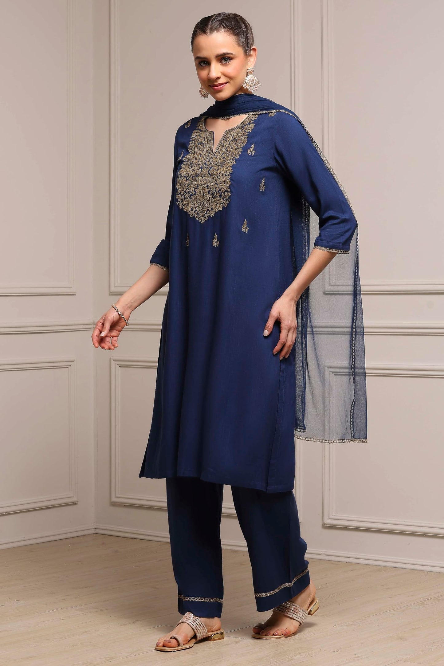 Biba Women Blue Viscose Rayon Straight Solid Suit Set_40