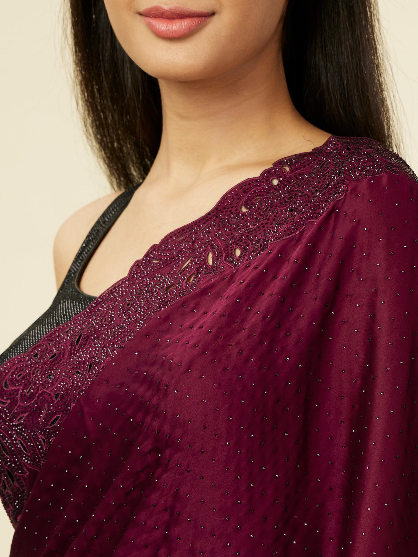 MOHEY Women's Wine Satin Embroidered Zari Weave Saree (WINE)