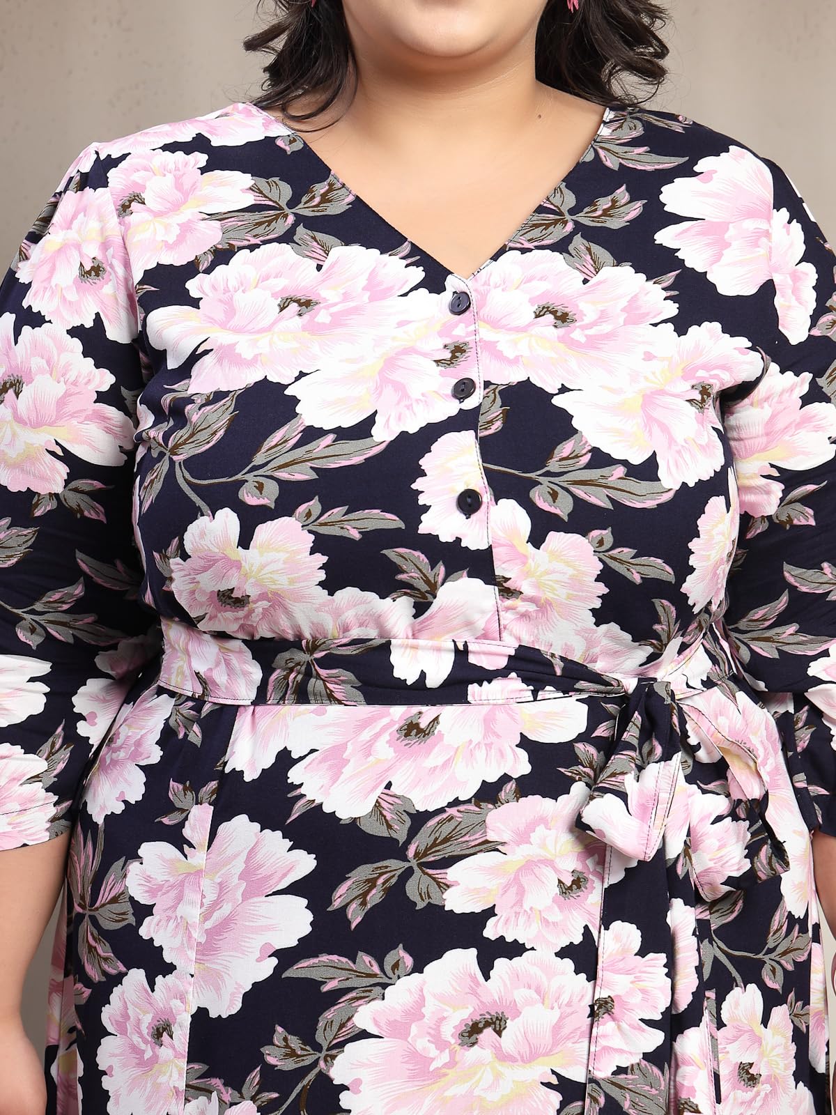 Women Plus Size Floral Print Puff Sleeve Maxi Dress (LDR20244-NAVYPINKFLORAL-6XL)