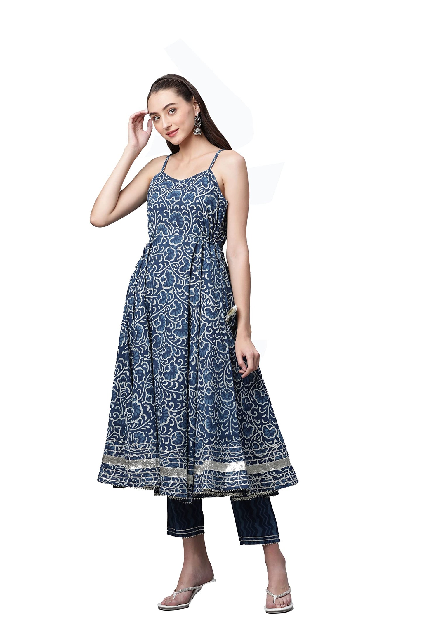 Divena Indigo Hand Block Printed Anarkali Kurta Pant Set with Dupatta-DK0747-3XL