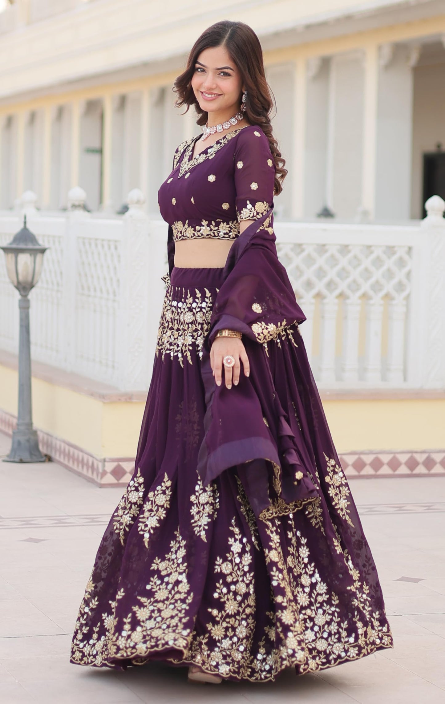 Fashion Basket Georgette Embroidery Stiched Lehenga Choli Duptta Set for Women (Wine, Free)