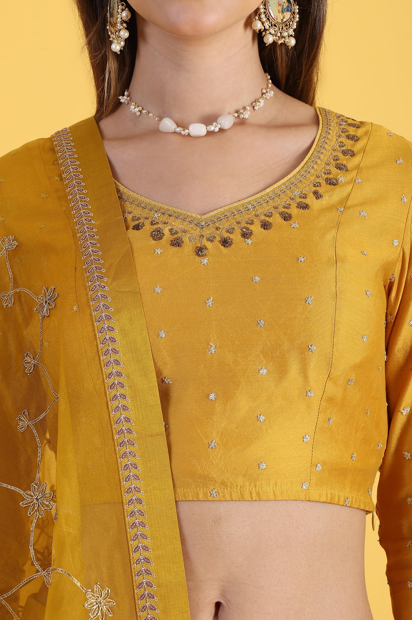 W for Woman Yellow Metallic Embroidery Crop Top & Skirt with Dupatta Set (Size: 3XL)-24AUWS31123-400772