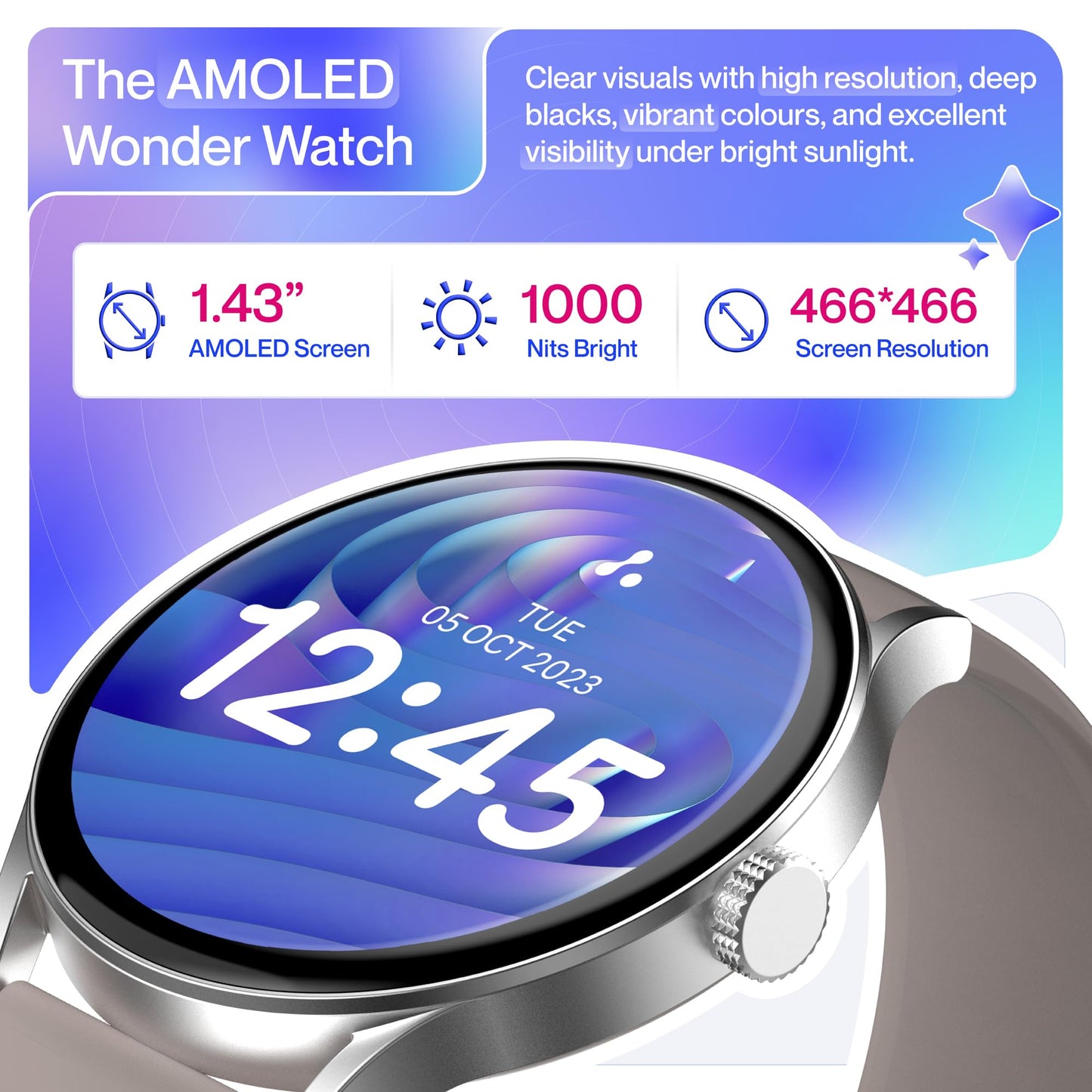 Ambrane 1.43" AMOLED Display, Bluetooth Calling SmartWatch, 1000 NITS Brightness, Functional Crown, 60Hz Refresh Rate, 100+ Sports Mode with IP68, 100+ Watch Faces (Marble, Brown)