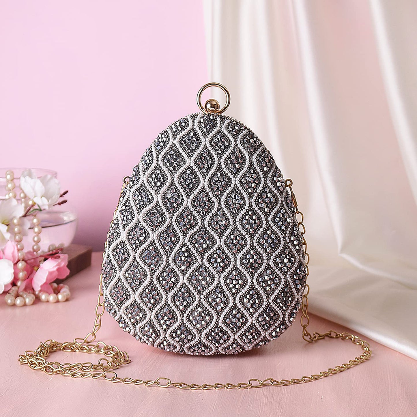SWISNI Grey Elegant grey embroidered almond shape clutch II Women's Traditional Designer Clutch For Women & Girls II EMBROIDERED CLUTCHES