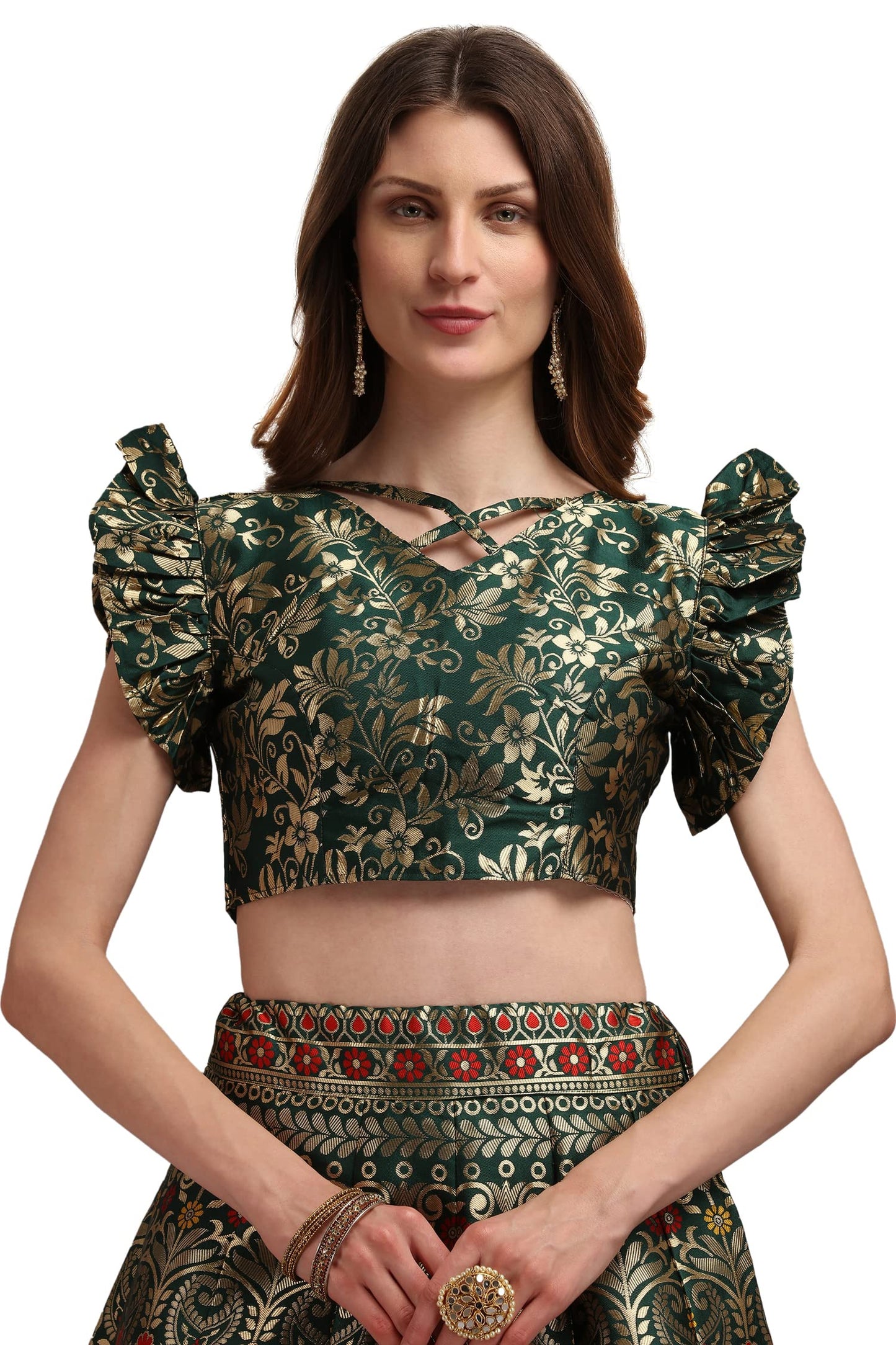 PURVAJA Women's Jacquard Semi-Stitched Lehenga choli (Malika-D-Green_Green_Free Size)