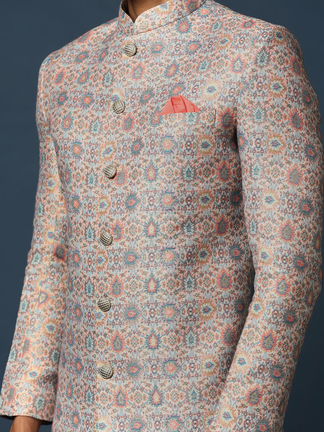 KISAH Men's Grey and Orange Sherwani Dhoti Set, Cotton Full Sleaves, Knee Length, Straight, Regular Fit, Mandarin Collar Ethnic Wear