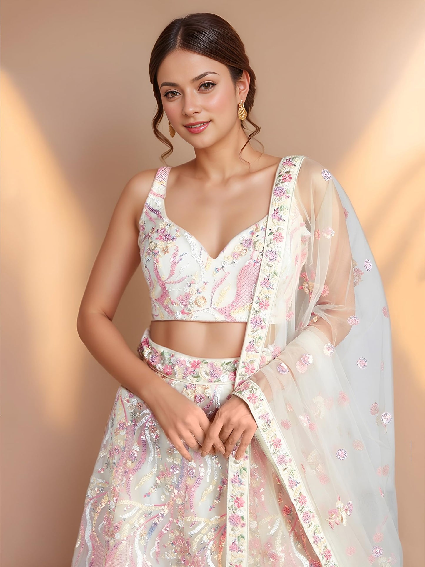 Zeel Clothing Women's Sequins Embroidered Work Soft Net Designer Lehenga Choli With Dupatta (6033-White-Wedding-Stylish-Lehenga-Choli-Latest; Free Size)