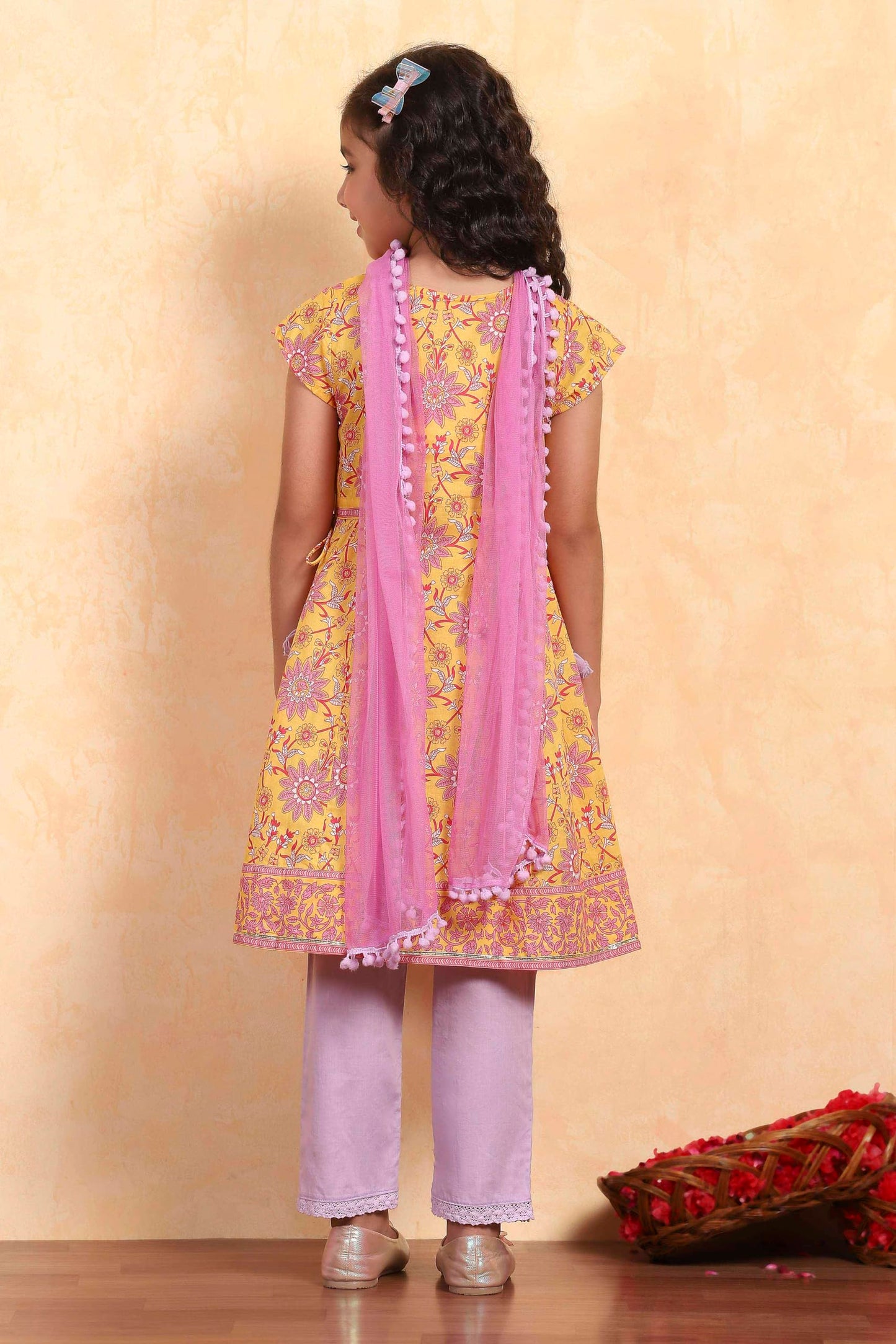 Biba Girl's Yellow Cotton Flared Printed Suit Set