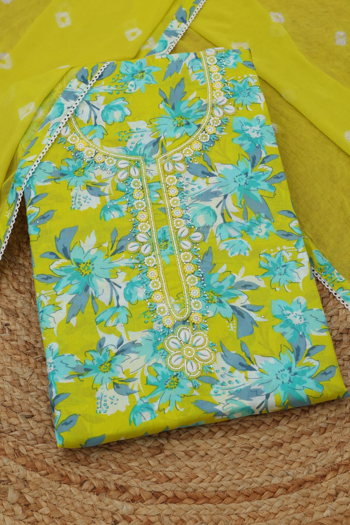 Soch Womens Green Cotton Floral Dress Material With Beads