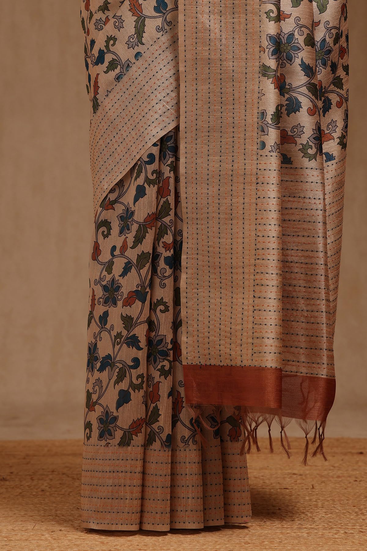 Soch Womens Beige Chanderi Botanical Print Saree With Thread Work