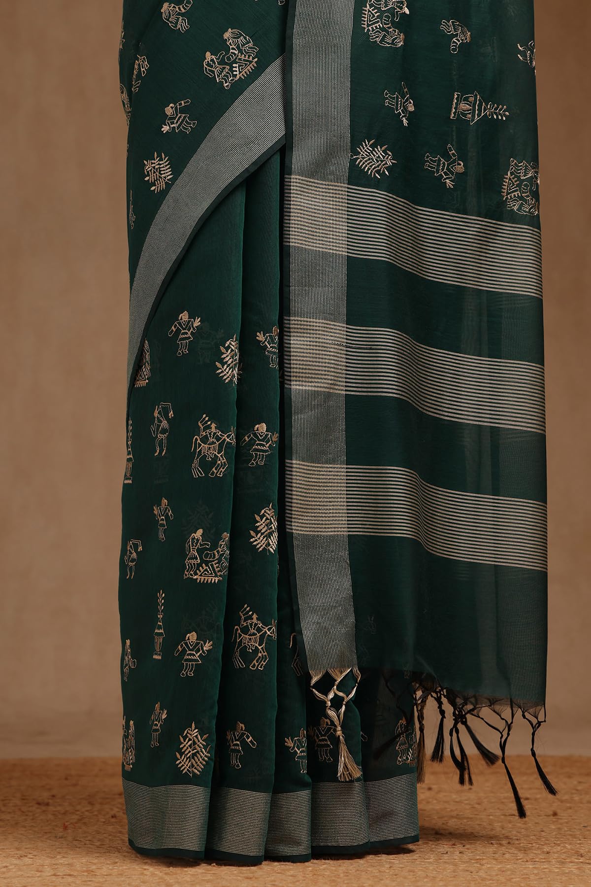 Soch Womens Teal Green Chanderi Warli Print Saree With Thread Work