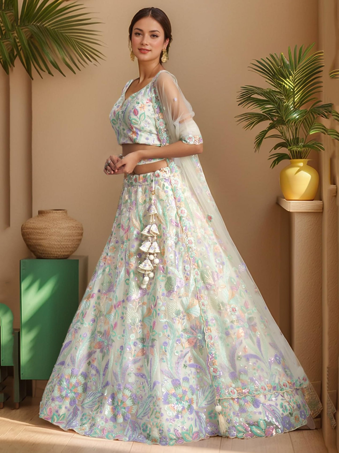 Zeel Clothing Women's Sequins Embroidered Work Soft Net Lehenga Choli With Dupatta (6020-Women-Lehenga-Choli-Latest; Free size) (White) (White)