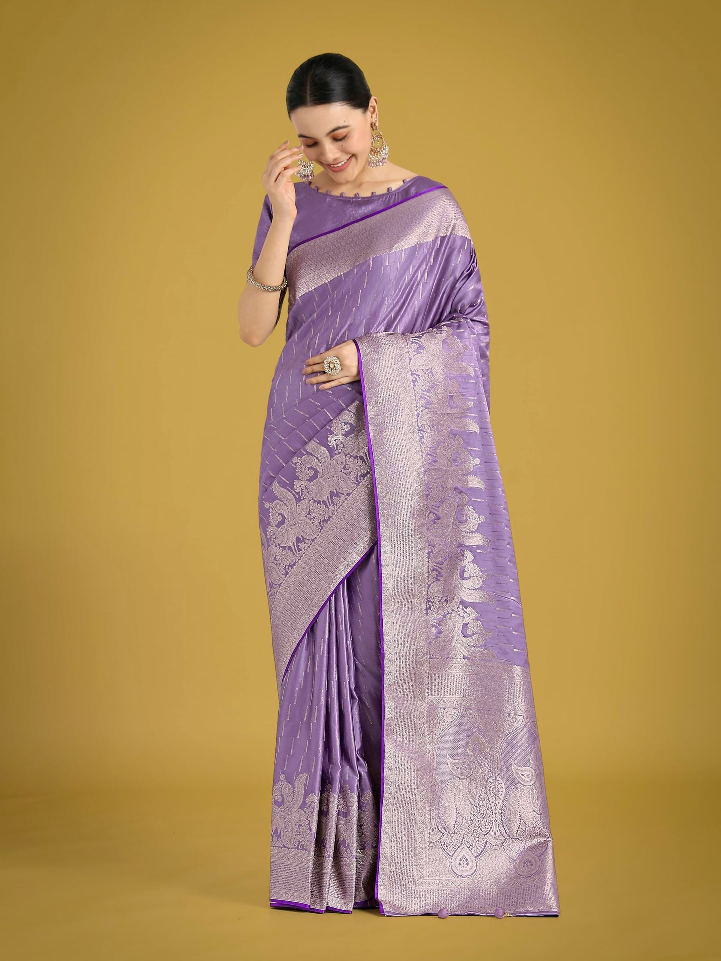 Monjolika Fashion Women Divine Dusty Lavender Zari Weaving Banarasi Satin Silk Trendy Saree For Festival Wear With Bewitching Blouse Piece (13300_Color) (Dusty Lavender)