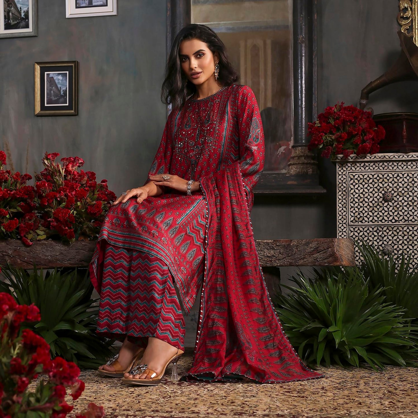 Biba Women Red Viscose Straight Printed Kurta Set_42