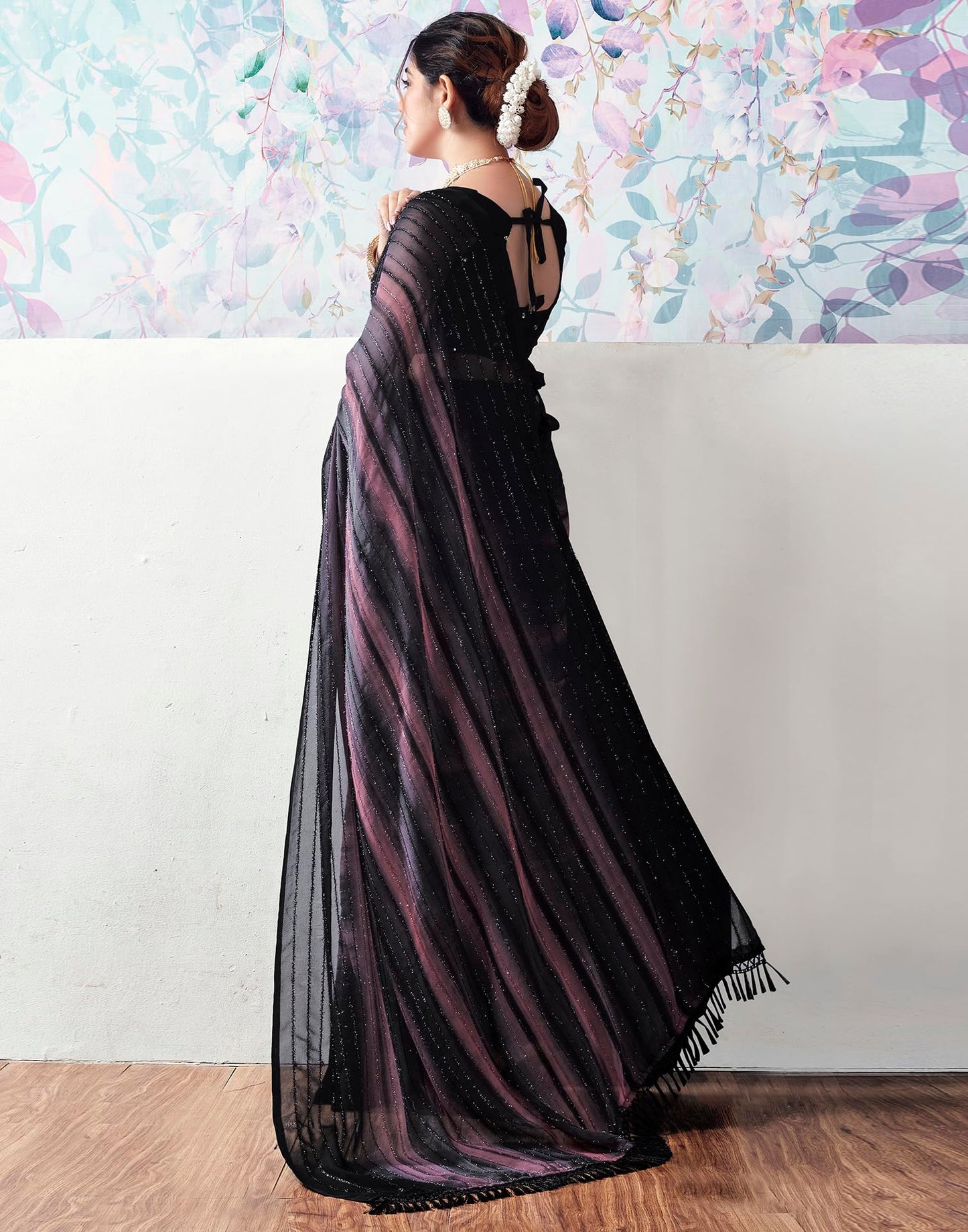 SIRIL Women's Georgette Printed Zari Stripe Saree With Unstitched Blouse Piece (3498S726_Black)