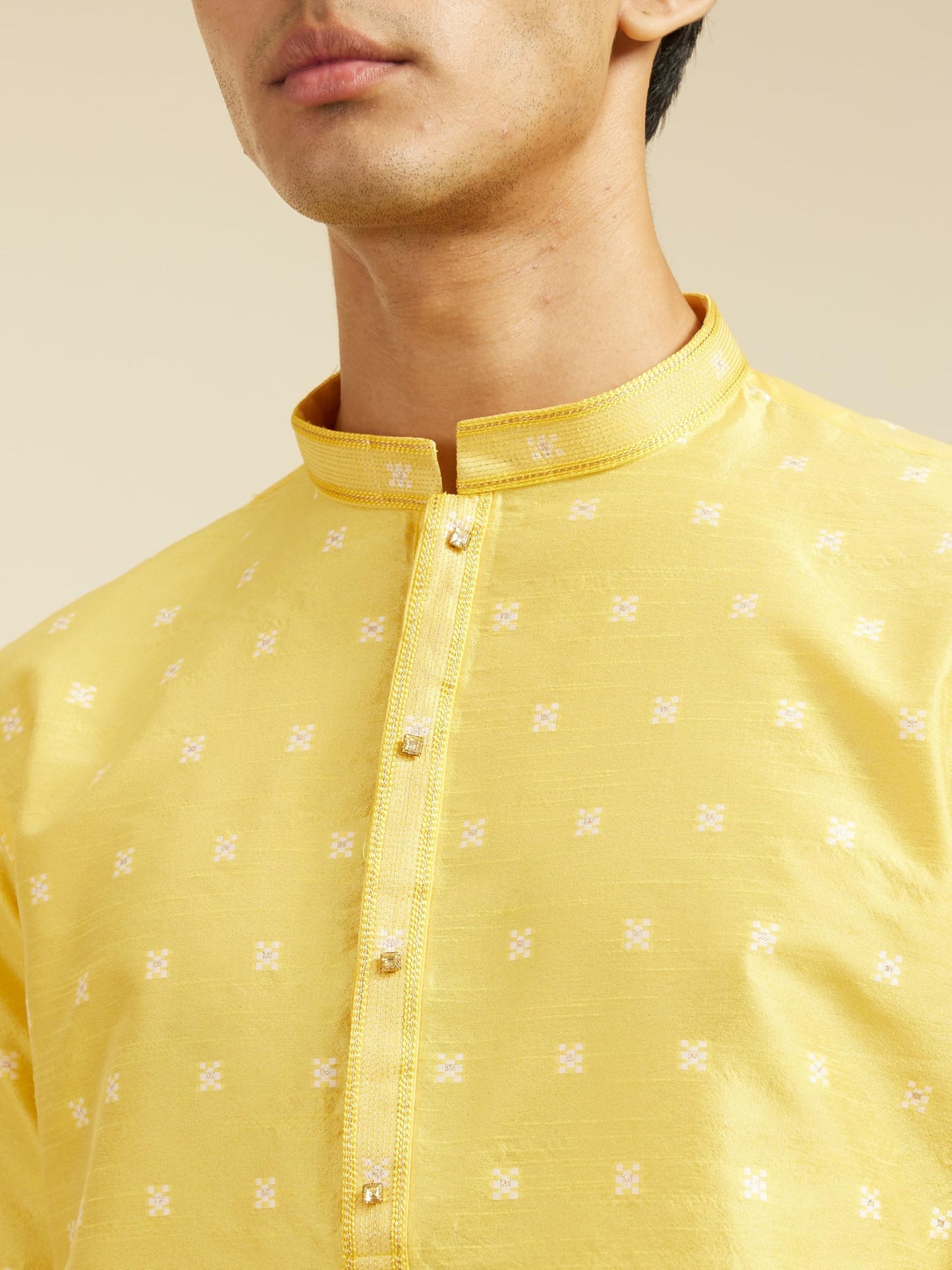 DIWAS BY MANYAVAR Men's Art Silk Jacquard Weave Kurta (Yellow,XL)
