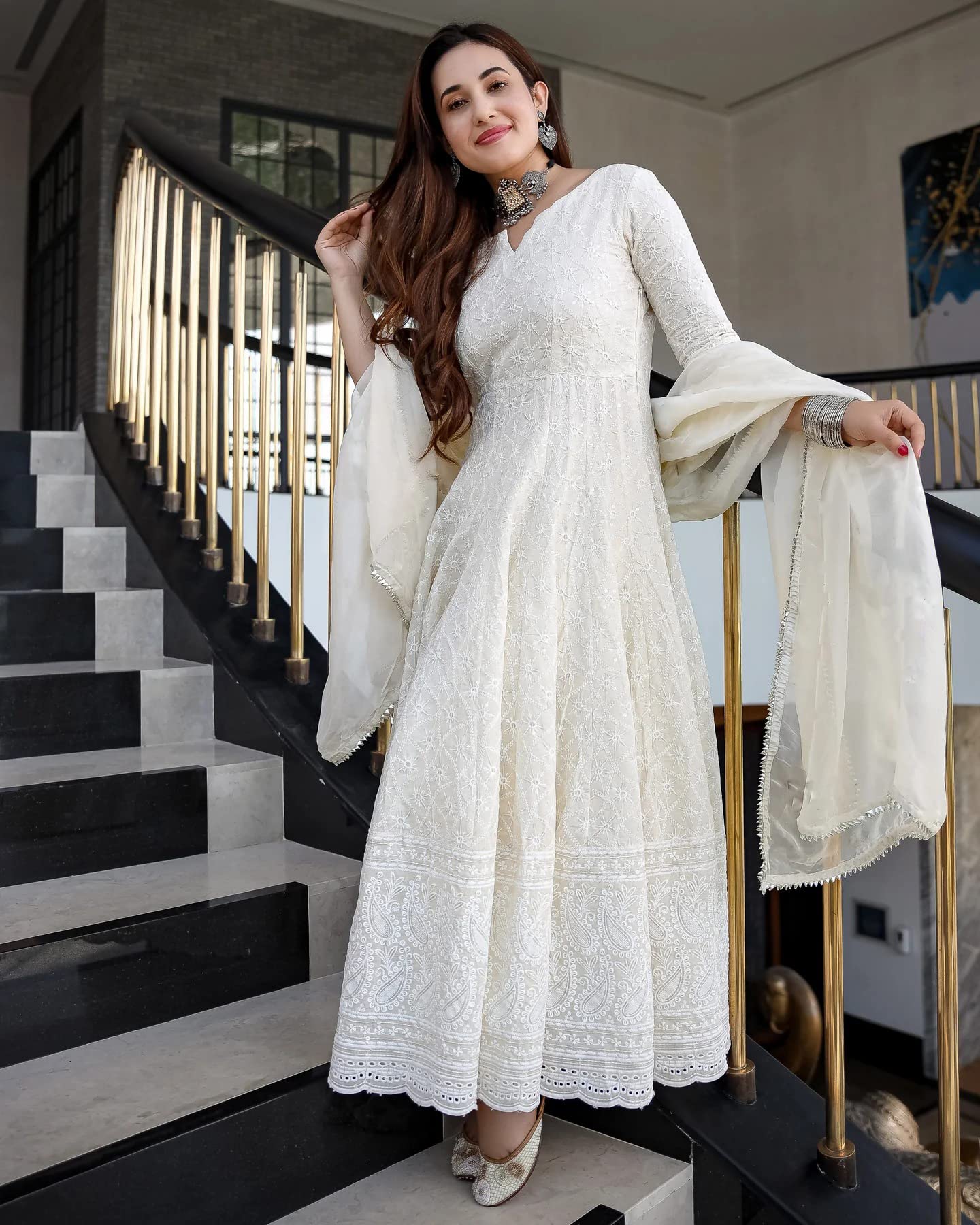 Royal Export Women's Cotton Blend White Chikankari Anarkali Gown with Dupatta | Dresses for Girls | Pant Not Included-XXL