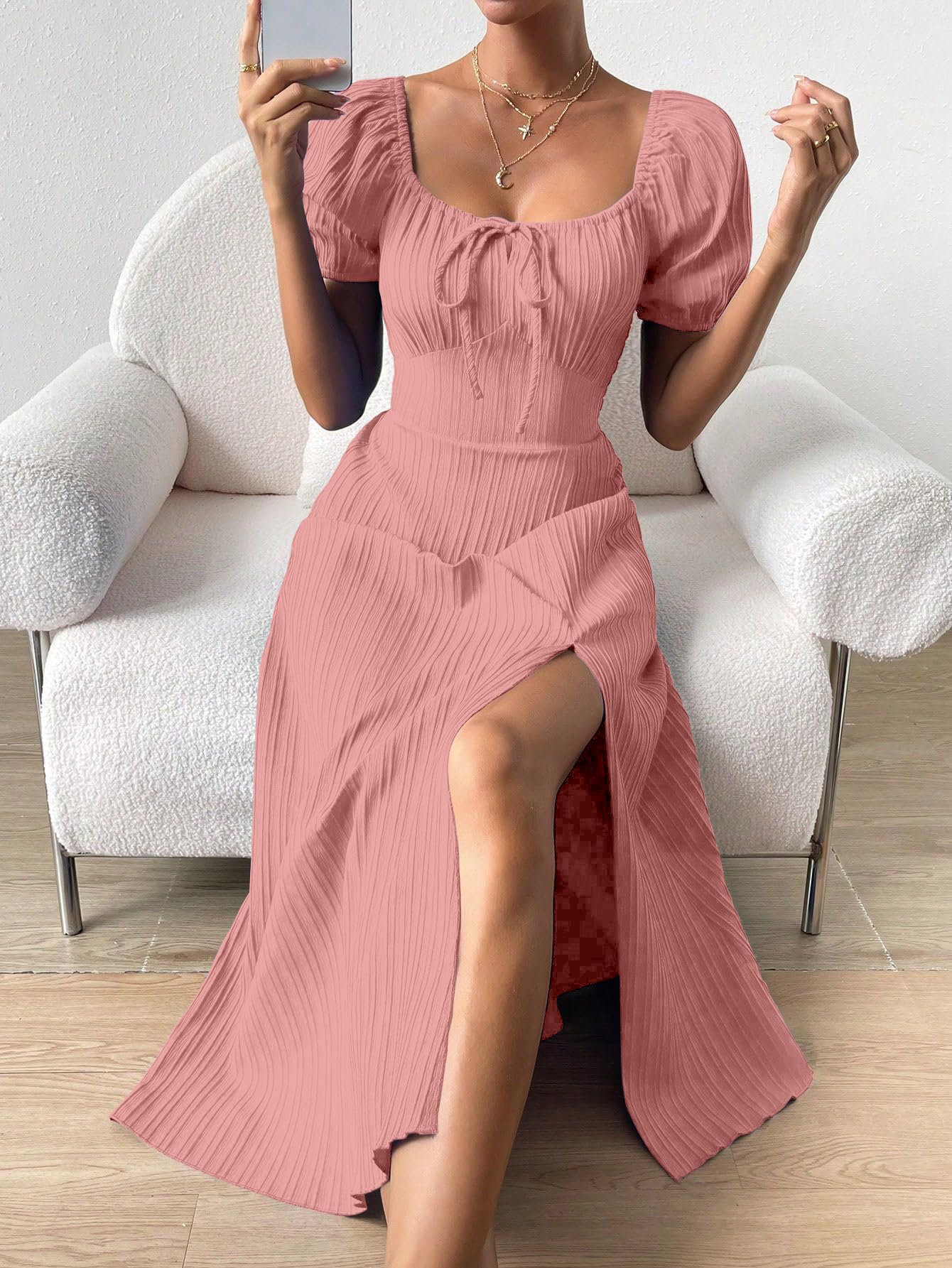 Shasmi Women's & Girl's Peach Tie Front Split Thigh Milkmaid Maxi Dress – Square Neck Puff Sleeve A-Line Long Dress, Elegant Casual & Parties Wear for Ledies (Dress 245 Peach-XL)