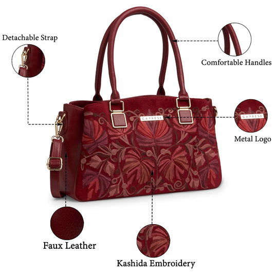 Caprese Siji Tresana Large Satchel Bag for Women | Kashida Embroidery Handbag with Adjustable & Detachable Strap & 3 Spacious Compartments | Stylish Handheld Bag for Work, Travel & Everyday Use