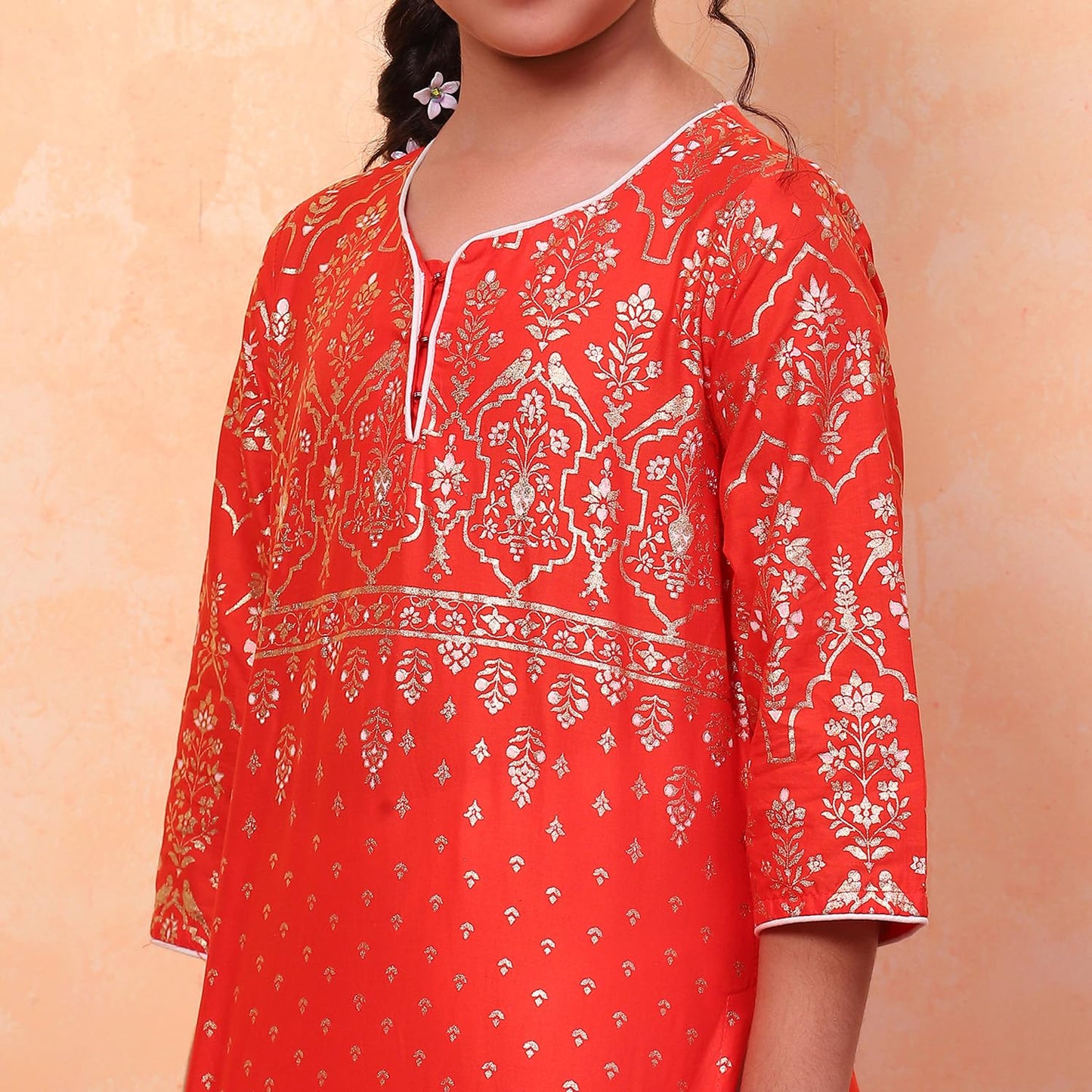 BIBA Girls Orange Straight Cotton Printed Kurta suit set