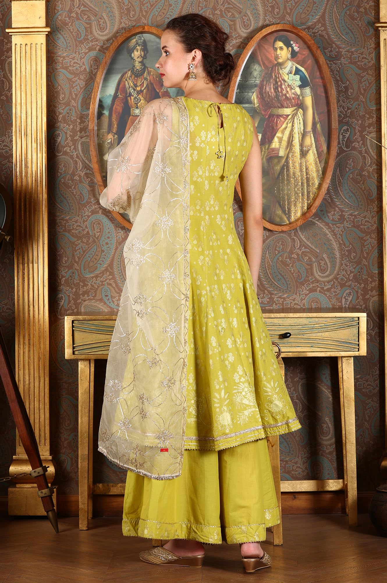 W for Woman Green Glitter Printed Embellished Sleeveless Flared Kurta, Culottes and Embroidered Dupatta Set (Size: 3XL)-24AUWS11714-124510