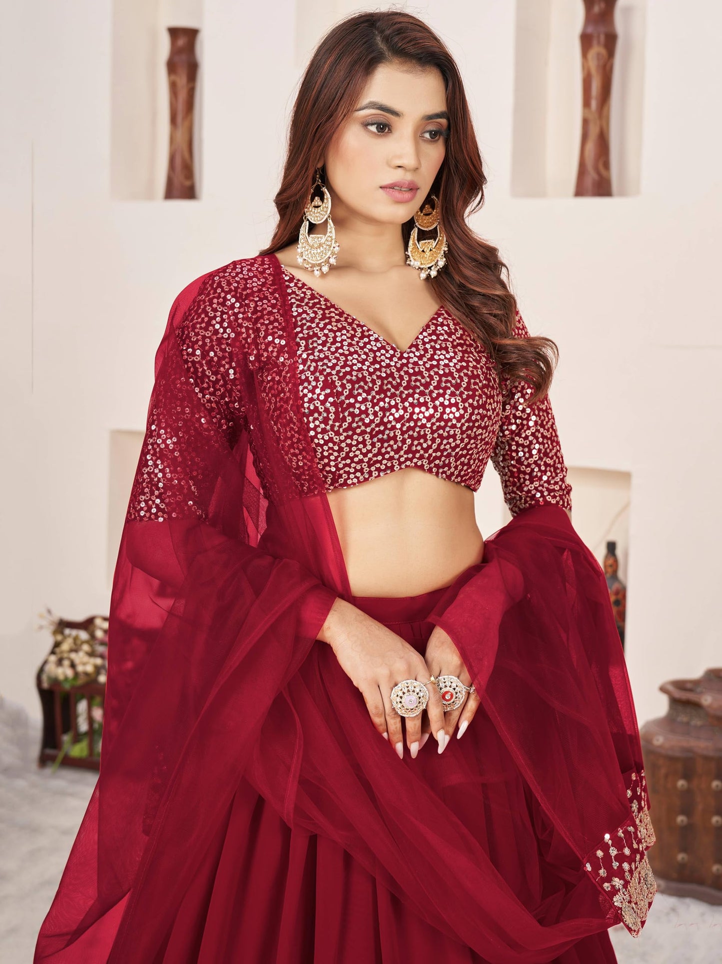 Zeel Clothing Women's Sequins Embroidered Georgette New Semi-stitched Lehenga Choli With Dupatta (5066-Maroon-Womens-Lehenga-Choli-Latest; Free Size)