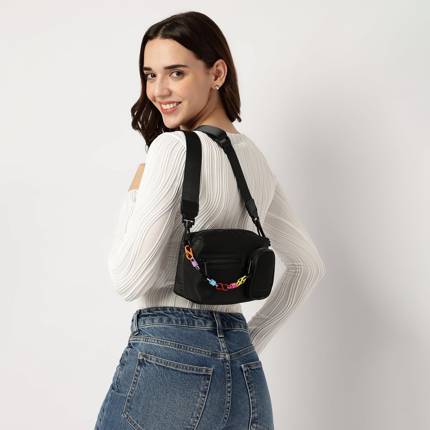 Fastrack Statement Chain Sling Bag for Women | Black Nylon Crossbody with Zipper Closure, Front Utility Pockets and Adjustable Strap | Lightweight Urban Sling for College & Travel